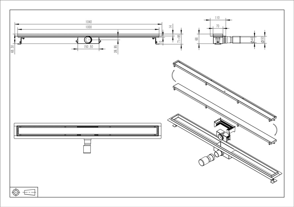 Mueller Gold douchegoot met tegelrooster en flens 100x7cm geborsteld messing