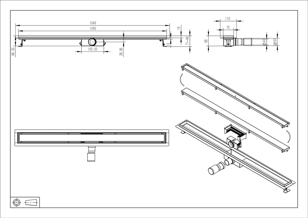 Mueller Gold douchegoot met tegelrooster en flens 100x7cm geborsteld messing