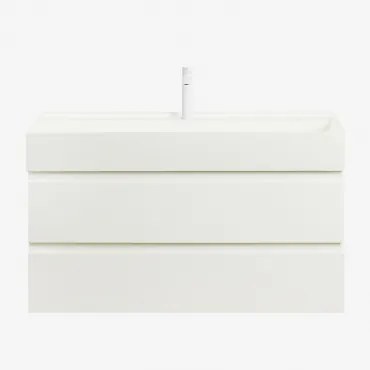 Ona Zwevend Badkamermeubelset Van Hout En Essenfineer Met Geïntegreerde Wastafel Wit & Spiegelloze & ↔︎ 100 Cm & Wit ↑20 Cm Met Aftapkra - Sklum