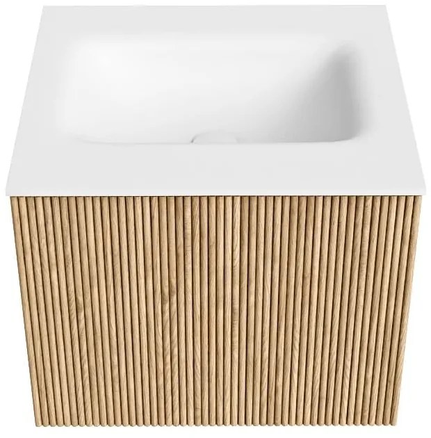 Mondiaz Kurve 50cm badmeubel oak met 1 lade en wastafel grunne midden 1 kraangat