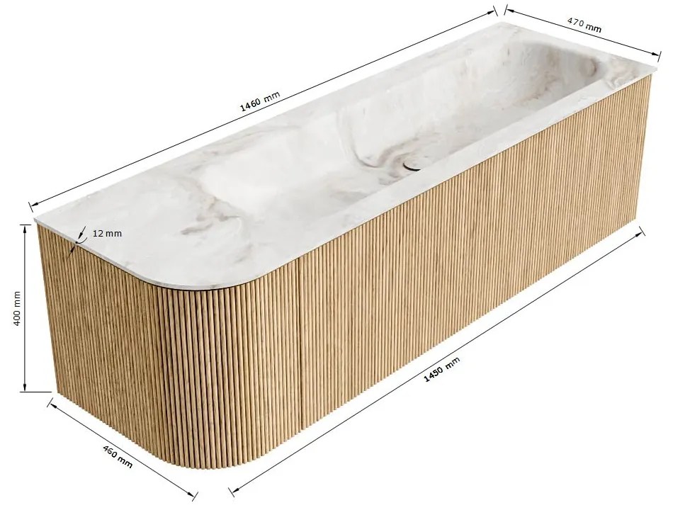Mondiaz Kurve-dlux 145cm badmeubel ronding links walnut met 1 lade en deur en wastafel big large kraangat rechts glace