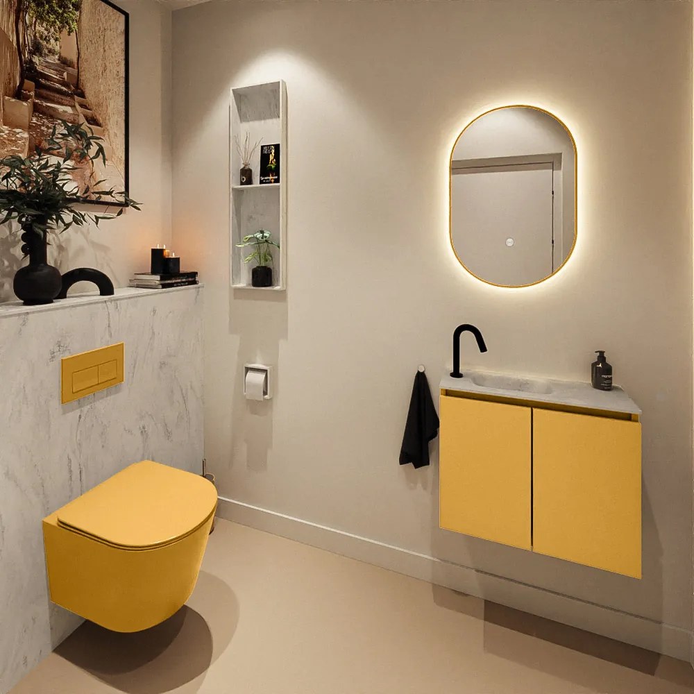 Mondiaz Ture DLux toiletmeubel 60cm ocher met wastafel opalo links met kraangat