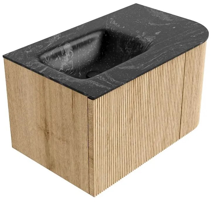 Mondiaz Kurve-dlux 75cm badmeubel ronding rechts oak met 1 lade en deur en wastafel grunne links zonder kraangat lava