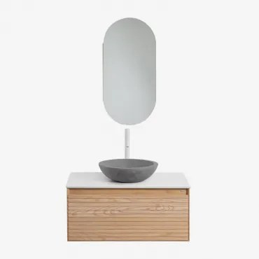 Tedrik Zwevend Badkamermeubelset Van Essenhout Ash Brown & Rond Grijs Cement Ø40 Cm Tarsis & Ovaal Met Opbergruimte 45x90 Cm Abner & Wit - Sklum