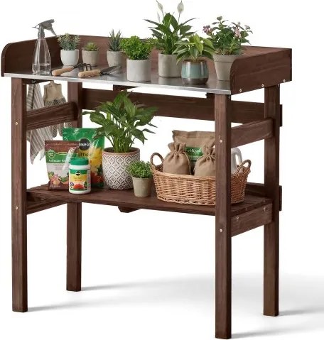 VEVOR Plantentafel, Tuintafel, Werktafel met Groot Houten Blad, Planken &amp; Haken, Bloementafel, Buitentafel voor het oppotten van planten, ideaal voor Terras, Tuin &amp; Balkon, Bruin, 780x380x820 mm