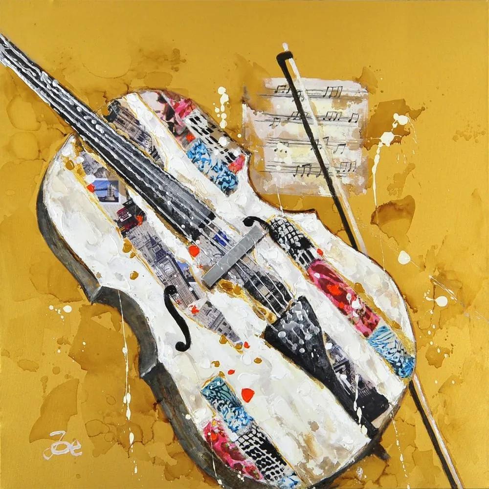 Schilderij -Handgeschilderd- Viool - geel multikleur - 100x100cm