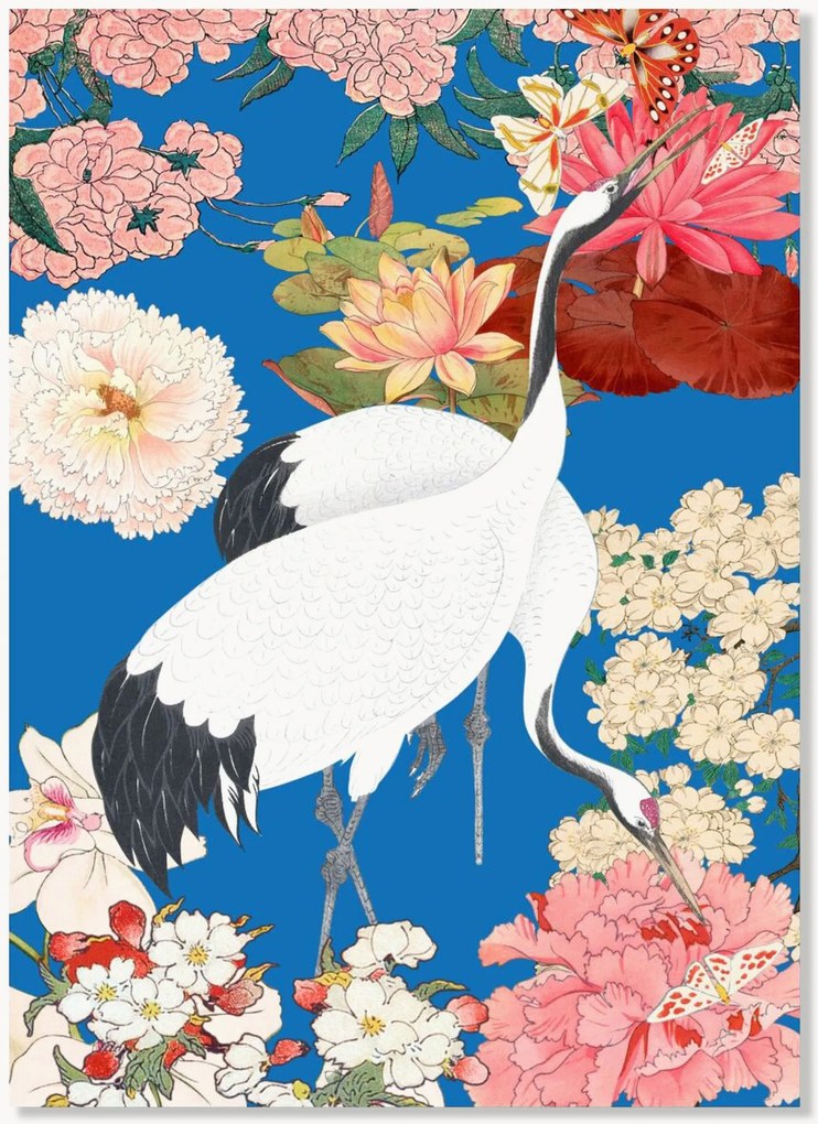 Poster Japanese Cranes Floral Art