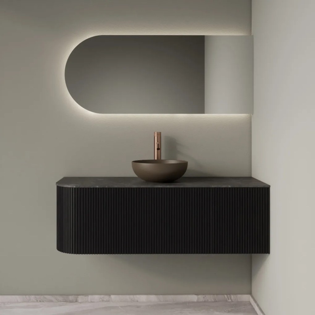 Gliss Design Alluro badmeubel ribbelfront met ronding links 120cm black en zwart leisteen toppaneel