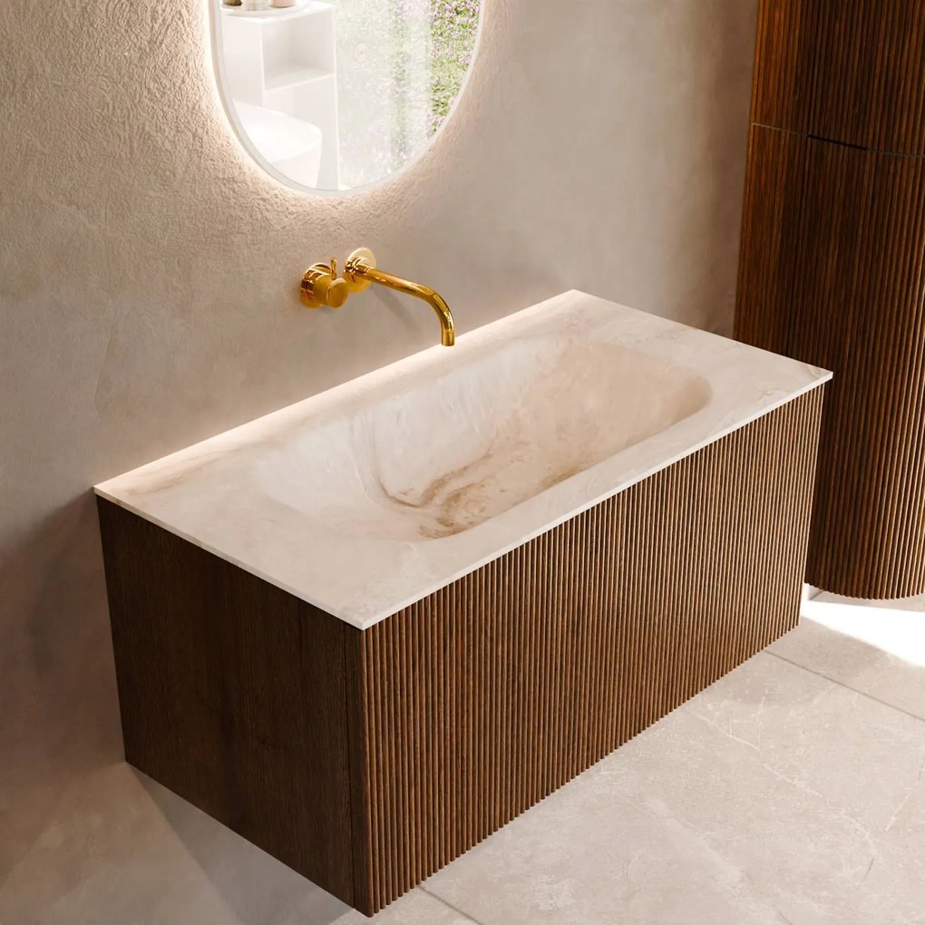 Mondiaz Kurve-dlux 90cm badmeubel dusk met 1 lade en wastafel big small midden zonder kraangat frappe