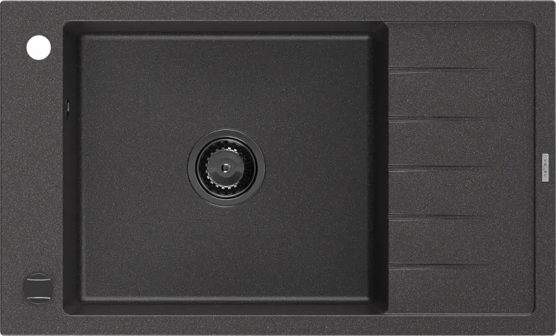 Mexen Elias granieten gootsteen 1-komor met druiprek 795 x 480 mm, zwart gespikkeld, zwarte sifon - 6511791005-76-B