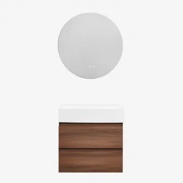 Ona Zwevend Badkamermeubelset Van Hout En Essenfineer Met Geïntegreerde Wastafel Zonder Kraan & Round Led And Antifog Ø70 Cm Riben & Donker Hout & &#x
