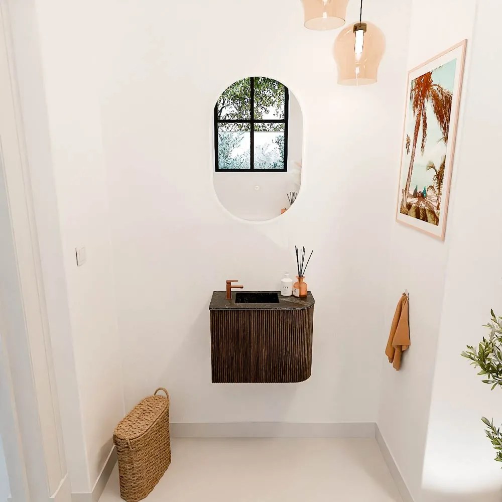 Mondiaz Joya DLux 50cm toiletmeubel ronding rechts walnut met wastafel faye links 1 kraangat lava
