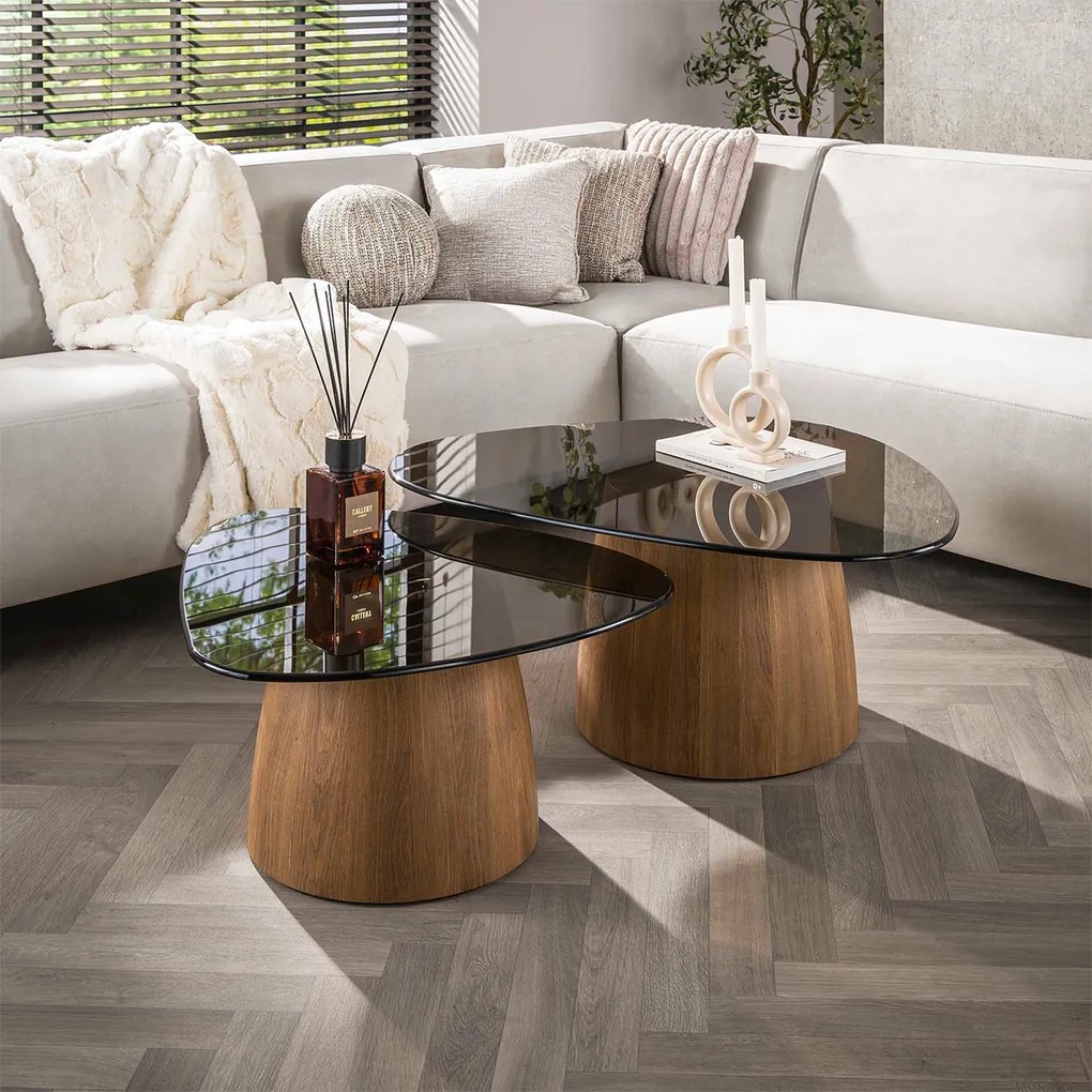 Driehoekige Salontafelset Met Rookglas - 91 X 75cm.