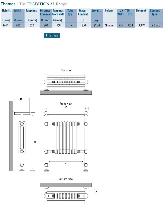 Eastbrook Thames klassieke radiator 144,4x63cm Chroom 903 watt