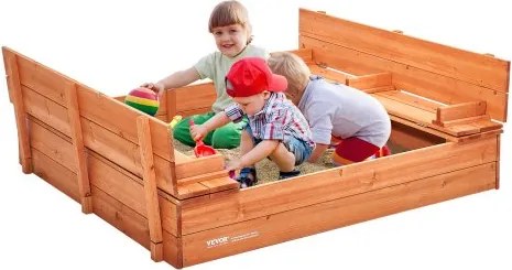 VEVOR Houten Zandbak, 132 x 120 x 43 cm, Zandbak met Opvouwbare Bankjes en Vloerinzetstuk, Natuurlijke Houten Zandbak voor Kinderen voor de Tuin, Strand, Park, Cadeau voor Jongens en Meisjes van 3-12 Jaar