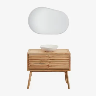 Deleyna Houten Badkamermeubelset Natuurlijk Hout & Rond Cement Wit Ø40 Cm Zavion & Ovaal Led En Anticondens 100x65 Cm Meunier & Zonder Kraan - Sklum