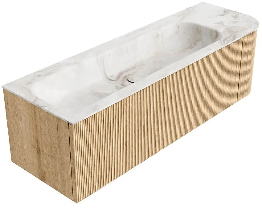 Mondiaz Kurve-dlux 145cm badmeubel ronding rechts oak met 1 lade en deur en wastafel big large kraangat links frappe