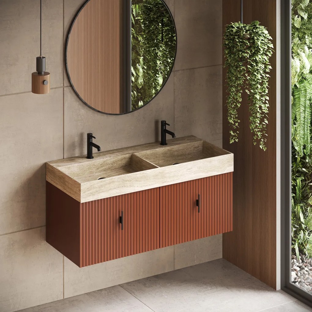 Muebles Zahora badmeubel ribbelfront 120cm terracotta met White Travertin wastafel met kraangaten