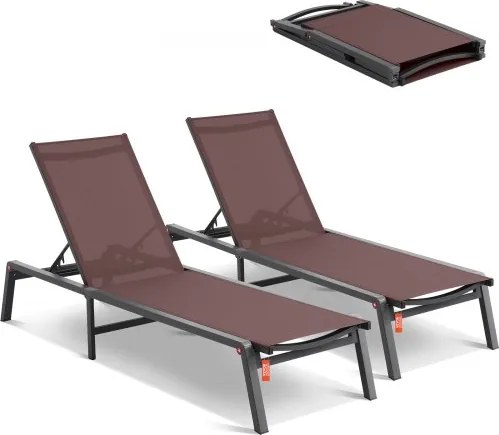VEVOR Outdoor Chaise Lounge Chairs, Aluminium Patio Lounge Chairs met 5 Verstelbare Standen, Opvouwbare Zwembad Lounge Chairs, Ligstoelen voor Terras, Strand, Zwembad, Ligstoelen met Ligstoelen, Ligstoelen voor Terras, Strand, Zwembad, Bruin, 2-Pack