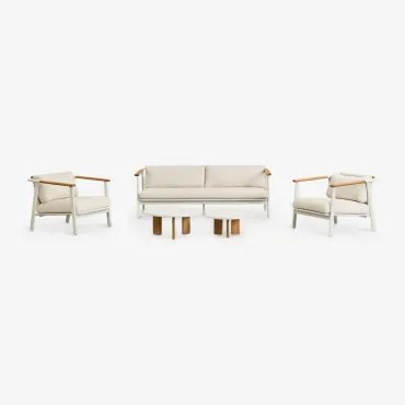 Tuinset Met 3-zits Bank In Bouclé Stof, 2 Salontafels En 2 Fauteuils In Aluminium Yervin Bouclé Natuurlijke Kleuren - Sklum