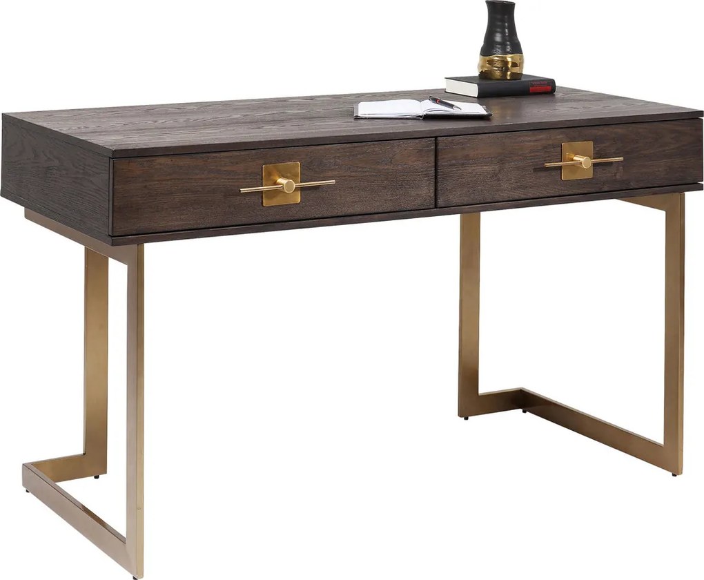Bureau Donker Hout Met Messing - 138 X 60cm.
