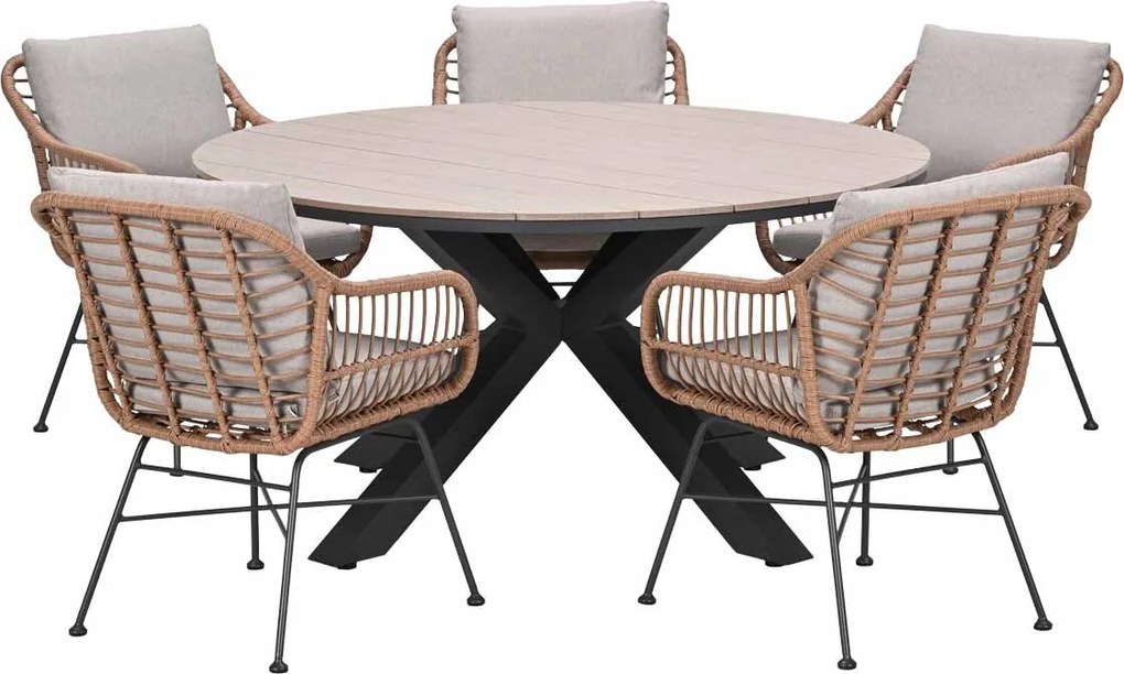 Garden Impressions Lucas tuinset bruin 6-delig - Tulli tuintafel light teak look Ø148 cm