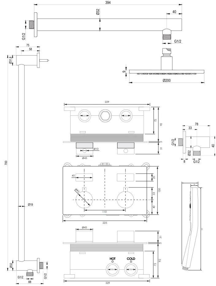 Brauer Chrome Edition thermostatische inbouw regendouche met 3 standen handdouche, rechte muurarm, glijstang en hoofddouche 20cm set 67 chroom