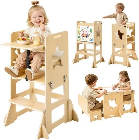 VEVOR Leertoren voor kinderen van 1-5 jaar, hout, 6-in-1 leerstoel, Montessori tafel- en stoelset, kinderopstapje, Montessori leertoren met krijtbord en dienblad, voor badkamer en keukenblad.