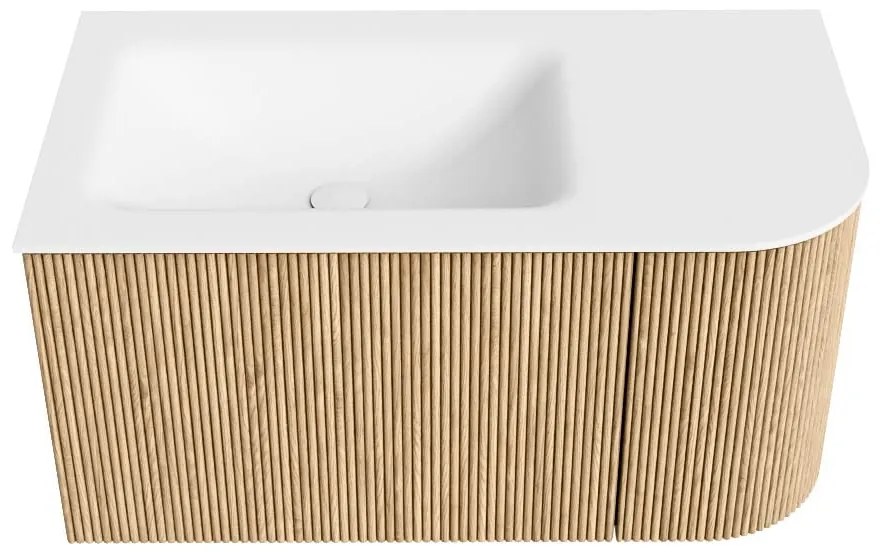 Mondiaz Kurve 85cm badmeubel ronding rechts oak met 1 lade en deur en wastafel cloud kraangat links