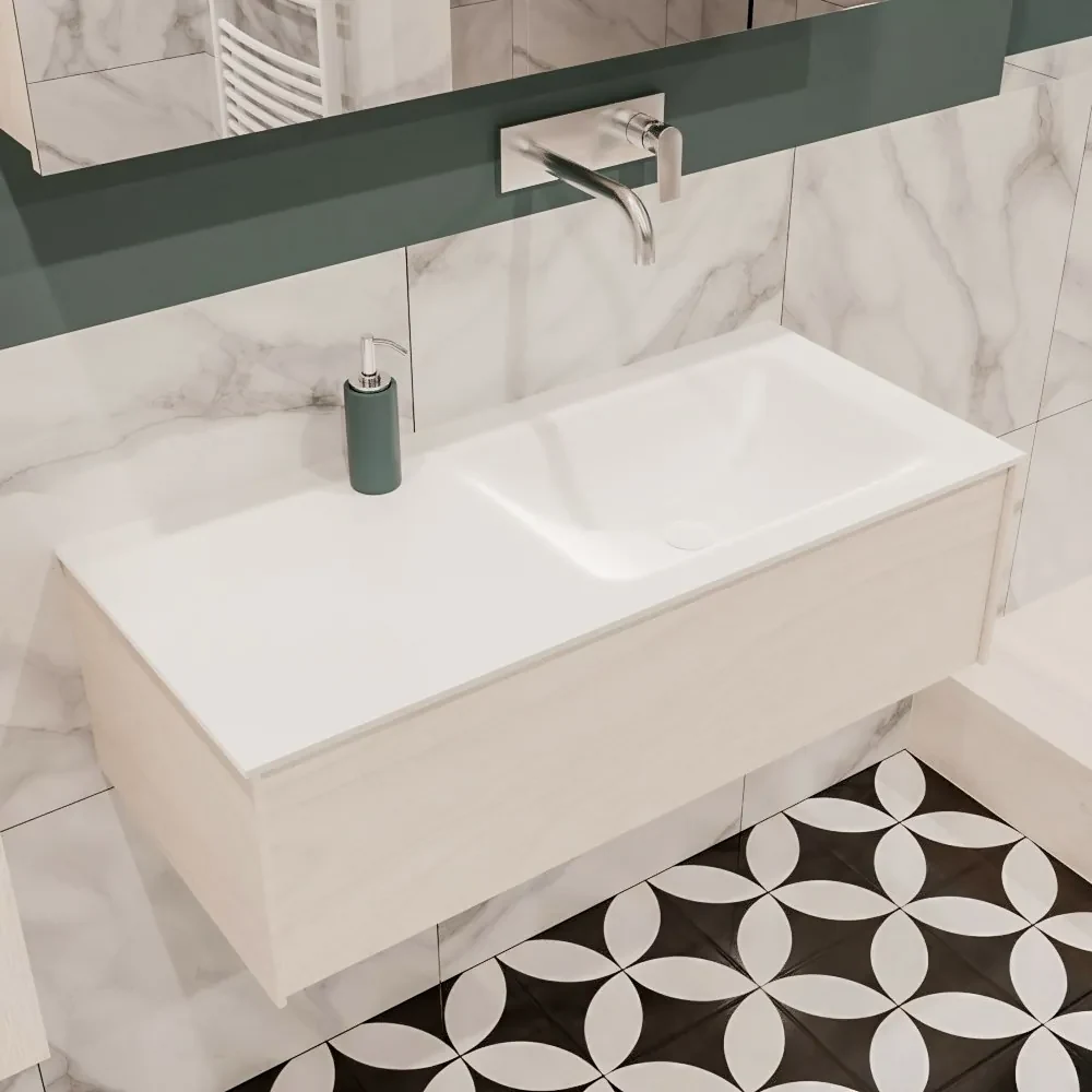 Lush onderkast 100cm in kleur UNDERLAYMENT met 1 lade Push tot open geschikt voor rechtse wastafel. Compleet met solid surface wastafel cloud M35134met 0 kraangat(en)