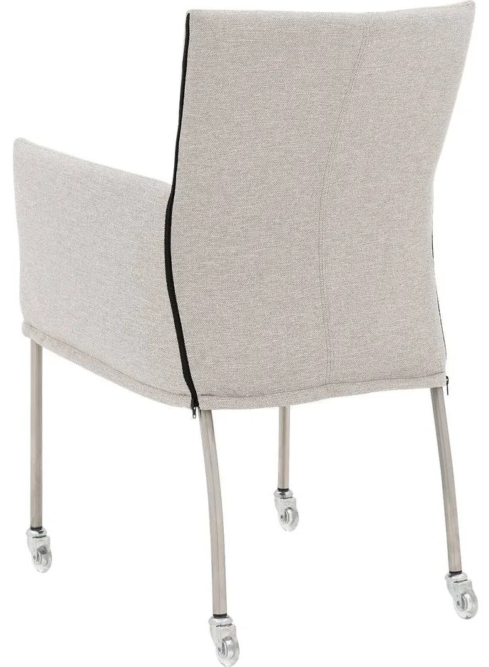 Goossens Eetkamerstoel Funk RVS Poten lichtgrijs stof met armleuning en Transparant skater wiel met rvs kapmet wielen, modern design