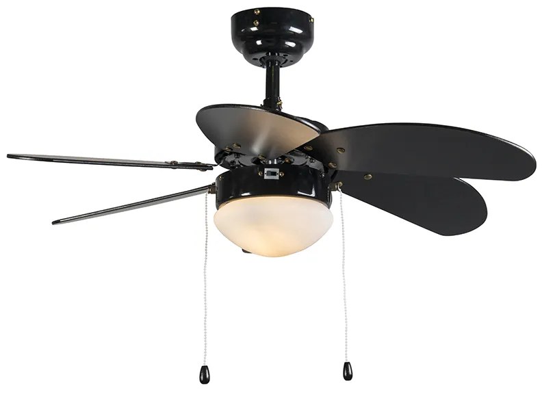 Plafondventilator met lamp zwart met hout print 80cm met trekschakelaar - Fresh Modern E14 rond Binnenverlichting Lamp