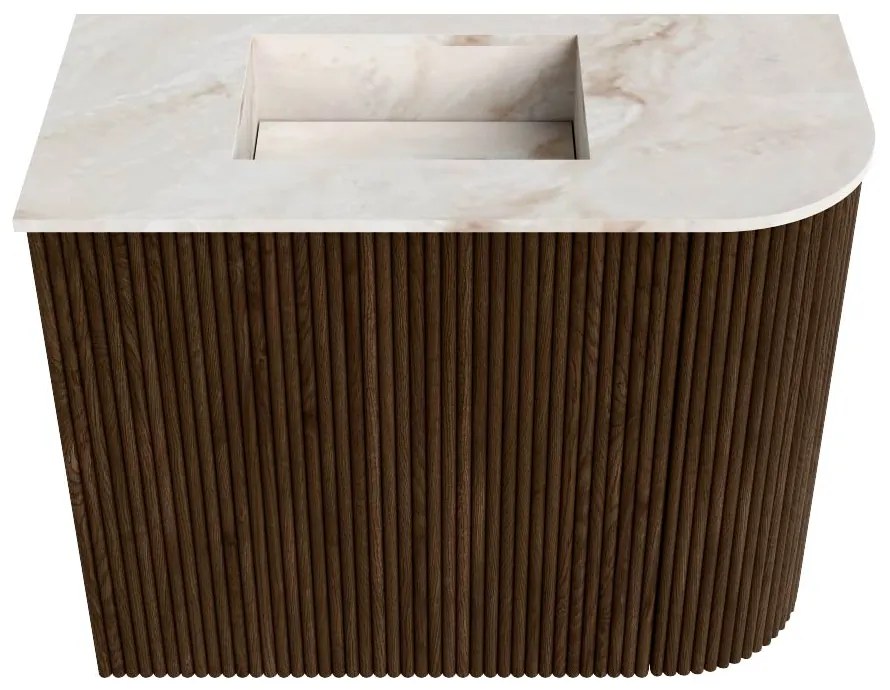 Mondiaz Joya DLux 50cm toiletmeubel ronding rechts walnut met wastafel faye links zonder kraangat frappe