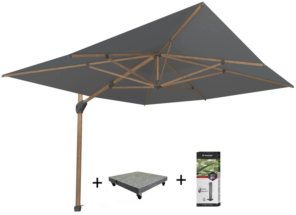 Hacienda zweefparasol 300x400 cm houtlook frame charcoal 4 Seasons Outdoor met 120 KG voet en hoes