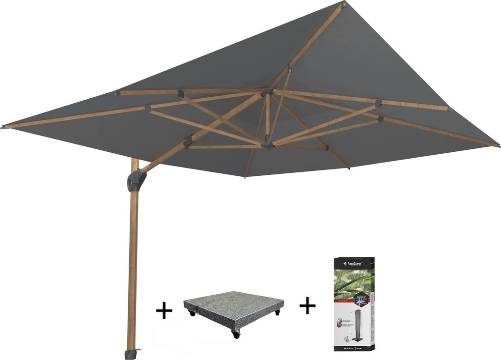Hacienda zweefparasol 300x400 cm houtlook frame charcoal 4 Seasons Outdoor met 125 KG voet en hoes