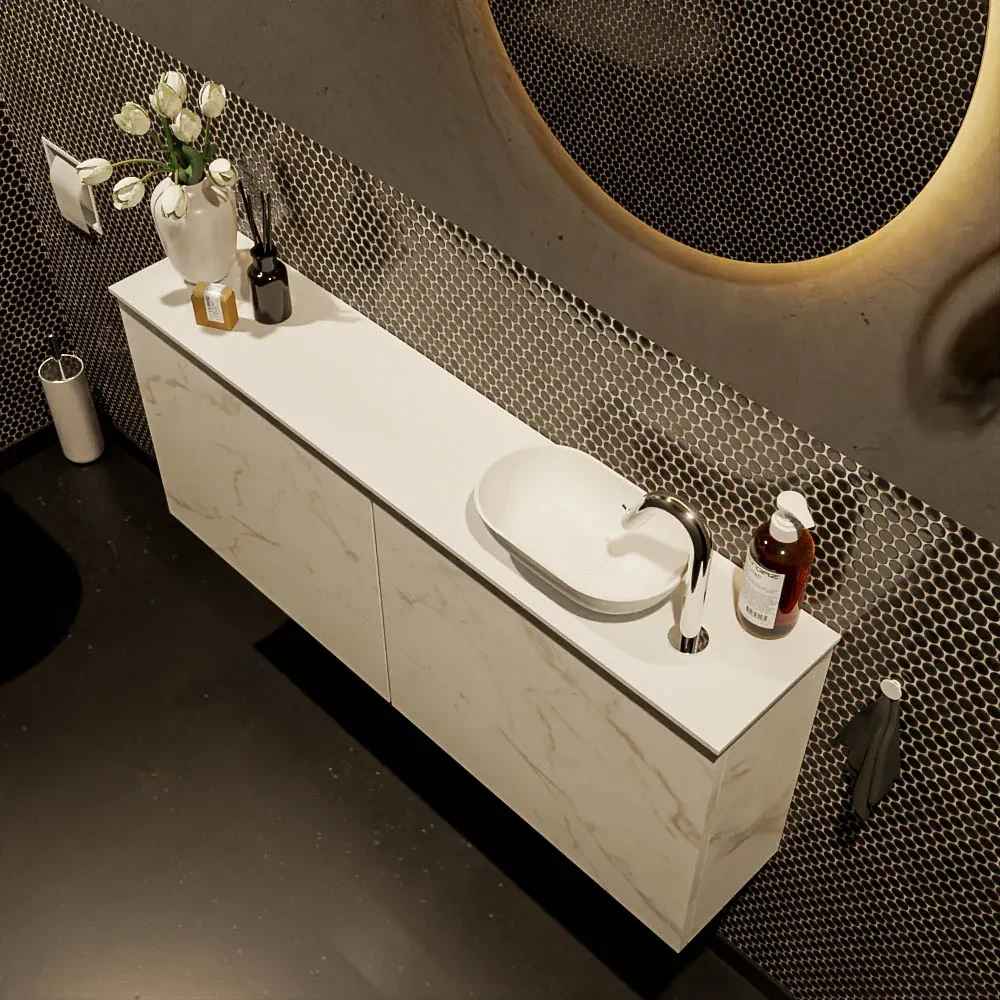 Mondiaz Fowy toiletmeubel 120cm Carrara met witte waskom rechts en kraangat