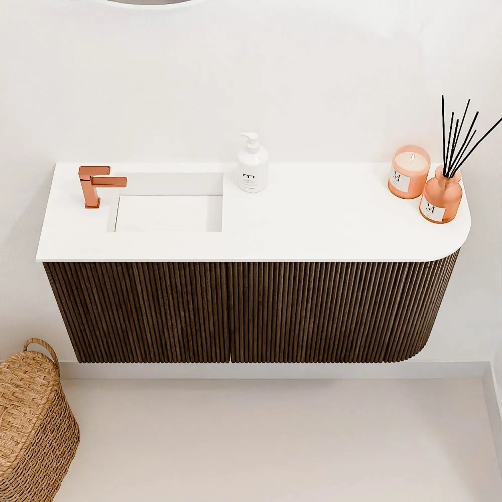 Mondiaz Joya 80cm toiletmeubel ronding rechts walnut met wastafel faye links 1 kraangat talc