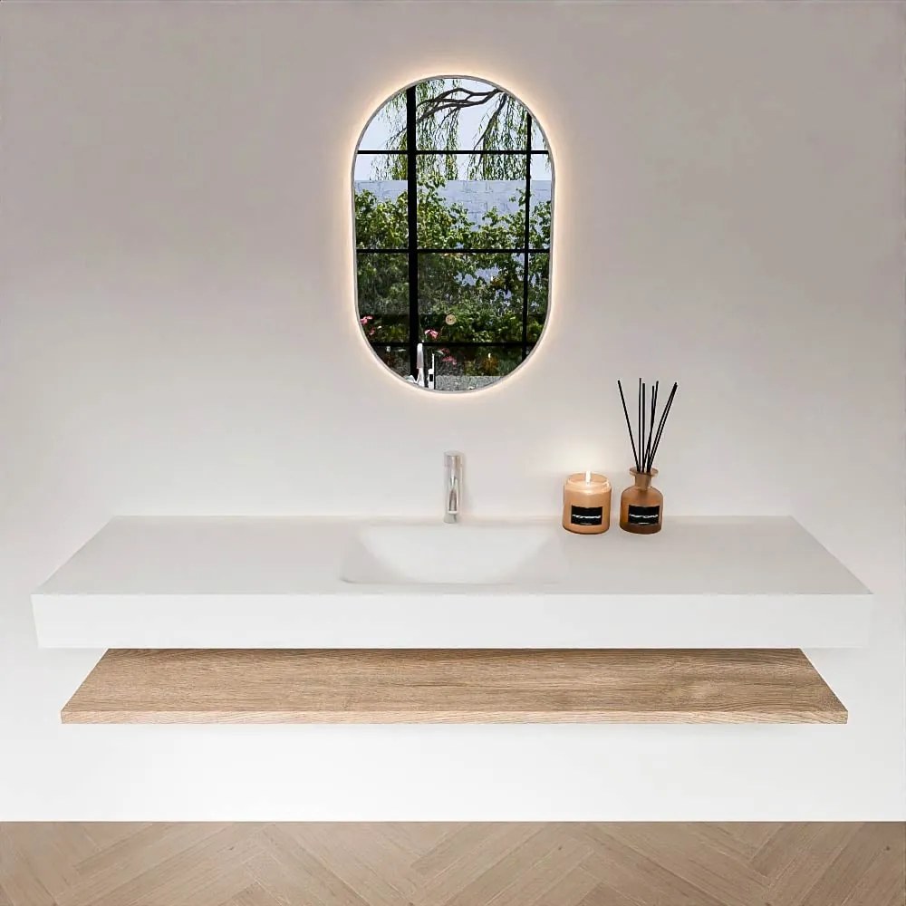 Zaro Alan badmeubel 170cm met planchet washed oak en vrijhangende wastafel cloud midden 1 kraangat talc