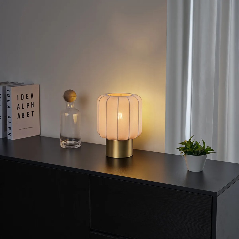 Stoffen Japandi tafellamp goud met beige kap - PluniJapandi E27 Scandinavisch bol / globe / rond Binnenverlichting Lamp