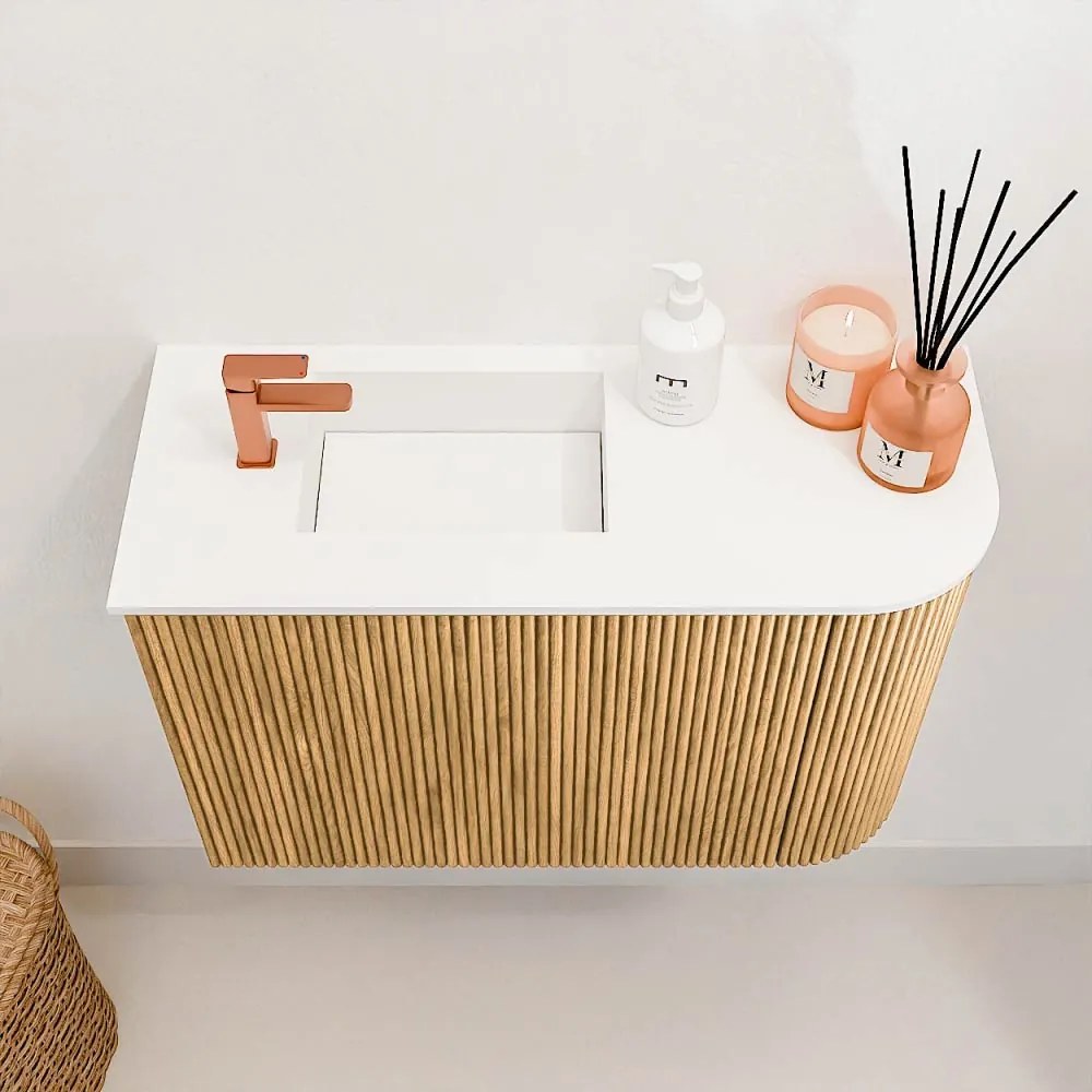 Mondiaz Joya 60cm toiletmeubel ronding rechts oak met wastafel faye links 1 kraangat talc