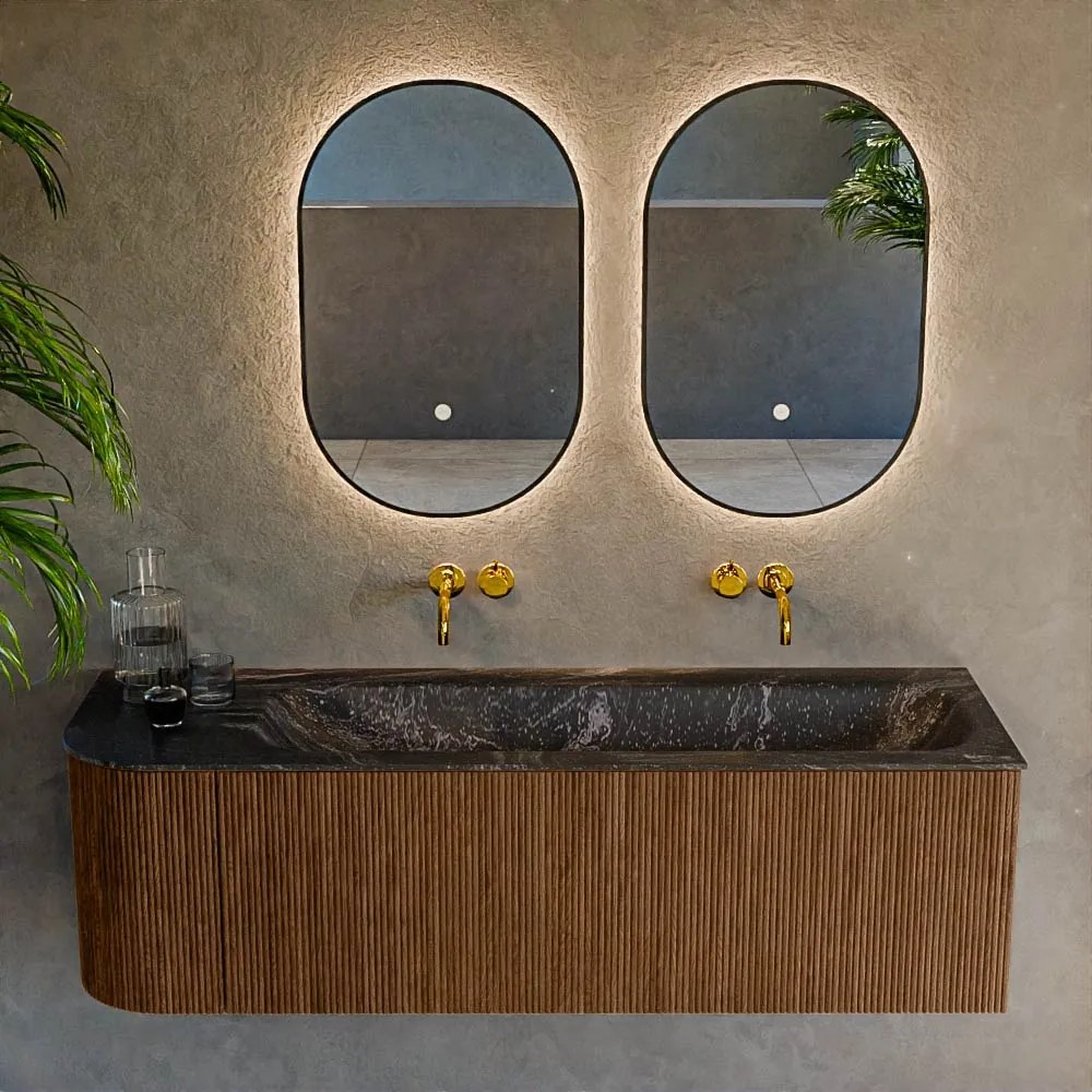 Mondiaz Kurve-dlux 145cm badmeubel ronding links walnut met 1 lade en deur en wastafel big large rechts zonder kraangat lava