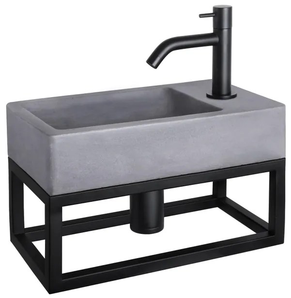 Differnz Force fonteinset - 40x22x8cm - Rechthoek - 1 kraangat - Gebogen matte zwarte kraan - met zwart frame - Beton Grijs 38.401.68