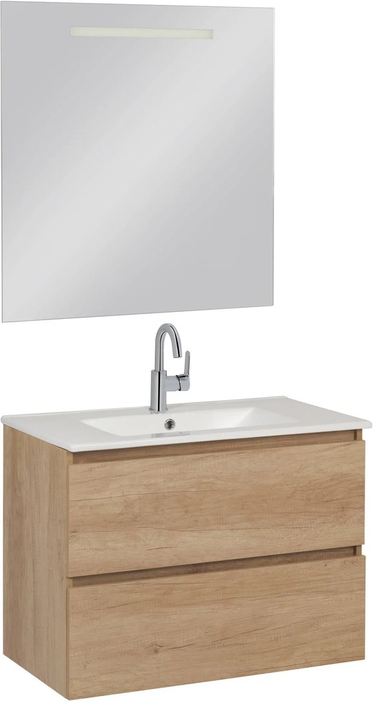 Saqu Diverso badmeubel incl. keramische wastafel 80x46x60cm en spiegel met LED nature