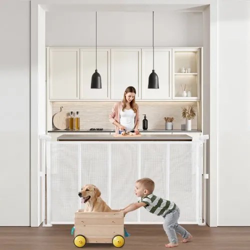 VEVOR Intrekbaar babyhekje 87 cm hoog, uitschuifbaar tot 140 cm breed, hek voor kinderen of huisdieren, gaasmateriaal, eenvoudig te installeren, voor binnentrappen, deuren, gangen, speelkamers, wit