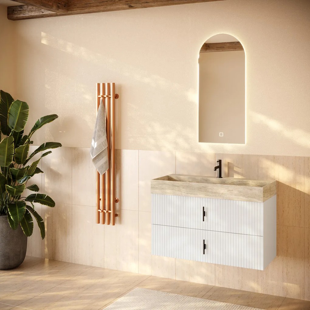 Muebles Murcia badmeubel ribbelfront 100cm wit mat met White Travertin wastafel met kraangat