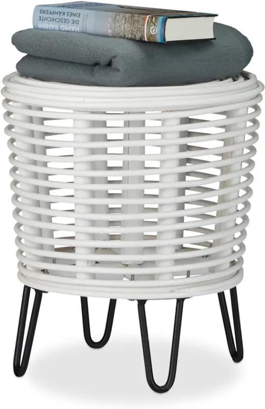 Kruk rotan - ronde zitkruk - design voetenbank - gevlochten stoel - 4 poten wit