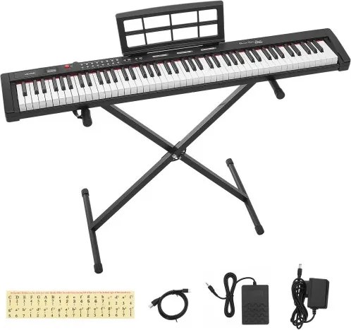 VEVOR 88-toetsen semi-gewogen digitale piano met standaard voor beginners en gevorderden, 128 klanken, 128 ritmes, HiFi stereoluidsprekers, 3,5 mm hoofdtelefoonaansluiting, sustainpedaal