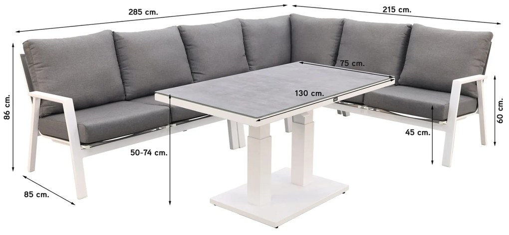 Azoren lounge dining set rechts - white (tafel verstelbaar in hoogte)