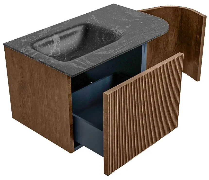 Mondiaz Kurve-dlux 75cm badmeubel ronding rechts walnut met 1 lade en deur en wastafel grunne links zonder kraangat lava