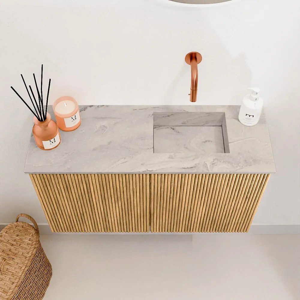 Mondiaz Joya DLux 70cm toiletmeubel oak met wastafel faye rechts zonder kraangat glace